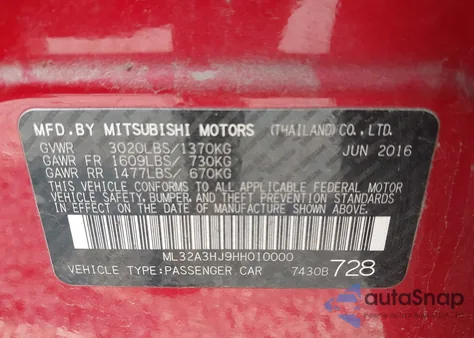 2017 Mitsubishi Mirage Es из США, поврежденный, VIN ML32A3HJ9HH010000